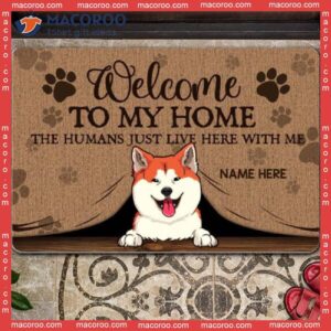 Dog & Cat Peeking From Curtain Custom Doormat, Gifts For Pet Lovers, Welcome To Our Home Front Door Mat