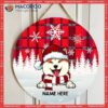 Dog In Snow, Red Plaid White Snowflake, Personalized Christmas Wooden Signs