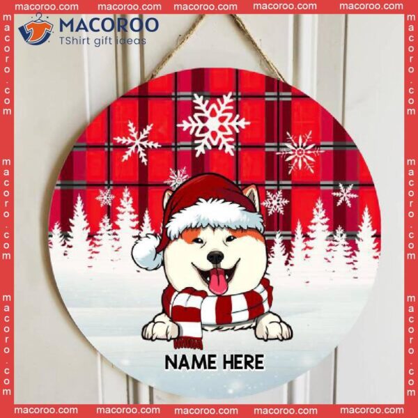 Dog In Snow, Red Plaid White Snowflake, Personalized Christmas Wooden Signs