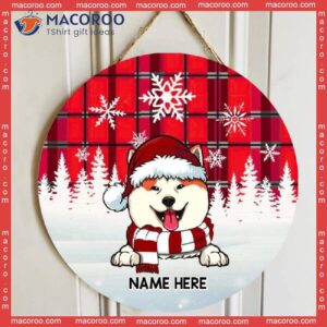 Dog In Snow Red Plaid White Snowflake Welcome Door Signs ,christmas Decorations, Gifts For Lovers, Mom