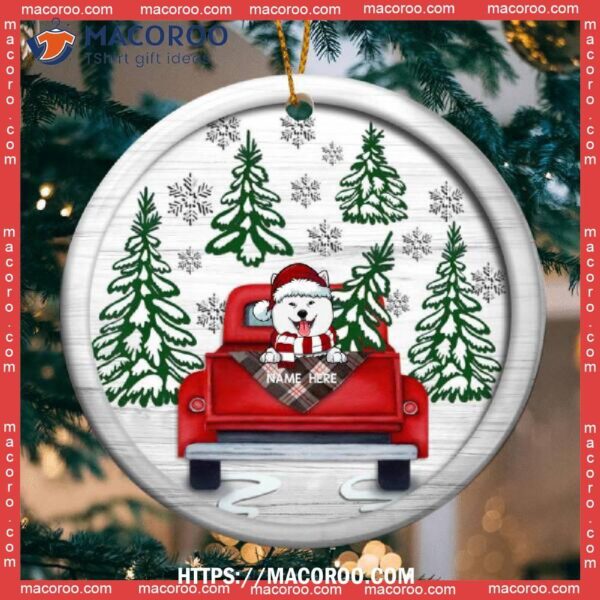 Dog On Red Truck White Wooden Circle Ceramic Ornament, Dogs First Christmas Ornament