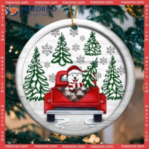 Dog On Red Truck White Wooden Circle Ceramic Ornament, Personalized Lovers Decorative Christmas Ornament