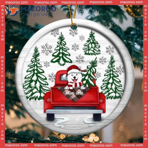 Dog On Red Truck White Wooden Circle Ceramic Ornament, Personalized Lovers Decorative Christmas Ornament