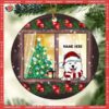 Dog Peeking From Xmas Window Circle Ceramic Ornament, Dog Christmas Ornaments
