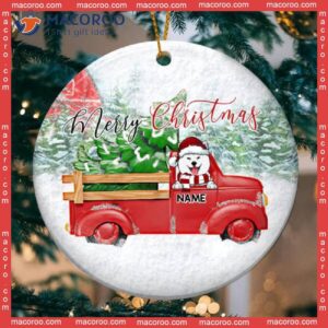 Dog With Red Truck And Pine Tree,merry Christmas Circle Ceramic Ornament, Personalized Lovers Decorative Ornament
