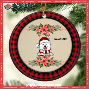 Dogs On Pale Wooden Red Plaid Around Circle Ceramic Ornament, Dog Paw Ornament