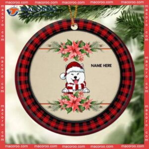 Dogs On Pale Wooden Red Plaid Around Circle Ceramic Ornament, Personalized Dog Lovers Decorative Christmas Ornament