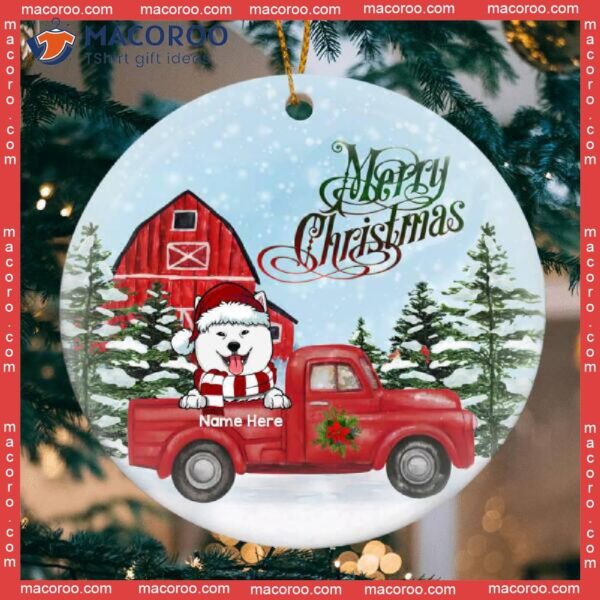 Dogs On Red Truck,merry Christmas, Personalized Dog Christmas Ornament