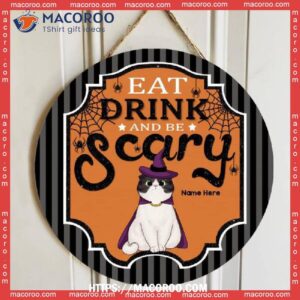 Eat Drink And Be Scary, Black Gray Striples, Personalized Cat Halloween Wooden Signs, Halloween Teddy Bears