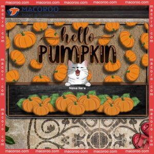 Fall Welcome Mat, Pumpkin Background Holiday Doormat, Hello Pumpkin, Gifts For Cat Lovers