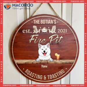 Fire Pit Roasting & Toasting, Custom Background Color Door Hanger, Personalized Dog Breeds Wooden Signs