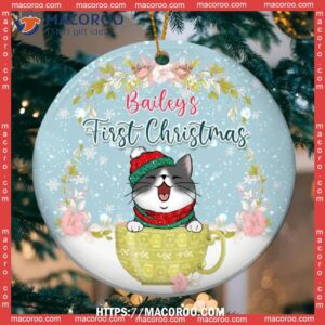 First Christmas Cat In Cup Floral Circle Ceramic Ornament, Cat Ornaments For Christmas Tree