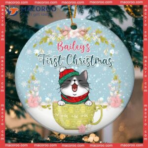 First Christmas Cat In Cup Floral Circle Ceramic Ornament, Personalized Lovers Decorative Ornament