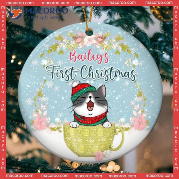 First Christmas Cat In Cup Floral Circle Ceramic Ornament, Personalized Lovers Decorative Ornament