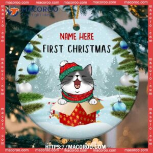 First Christmas Cat In The Gift Box Circle Ceramic Ornament, Hallmark Cat Ornaments