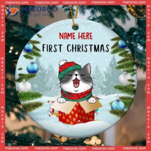 First Christmas Cat In The Gift Box Circle Ceramic Ornament, Personalized Lovers Decorative Ornament