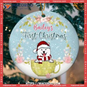 First Christmas Dog In Cup Floral Circle Ceramic Ornament, Golden Retriever Ornament