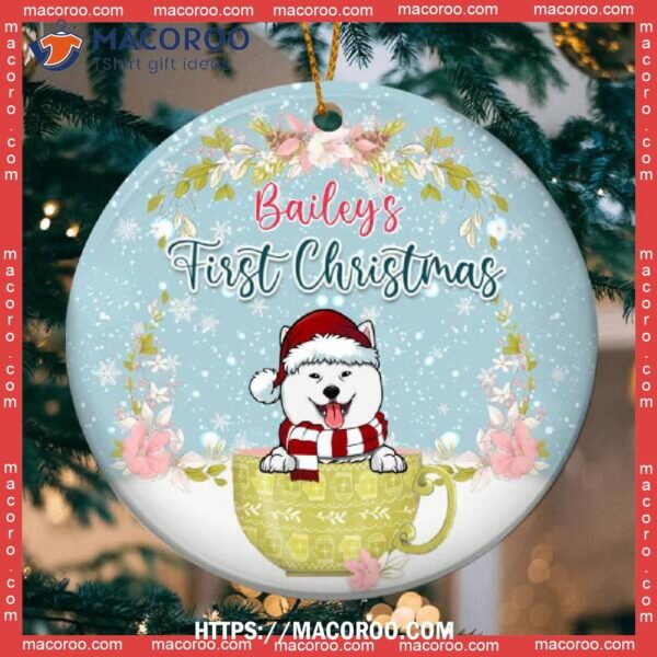 First Christmas Dog In Cup Floral Circle Ceramic Ornament, Golden Retriever Ornament