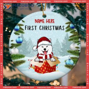First Christmas Dog In The Gift Box Circle Ceramic Ornament, Personalized Lovers Decorative Ornament