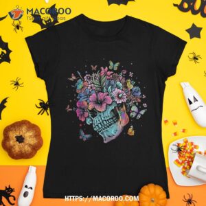 floral butterfly skull funny halloween costume hippie flower shirt skull pumpkin tshirt 1