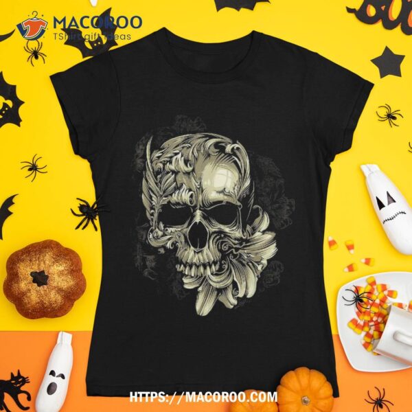 Floral Skull Graphic Tees – , Halloween Design Shirt, Spooky Scary Skeletons