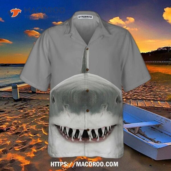 For   Shark Smile Hawaiian Shirt, Shark Button-up Shirt Adults, Print