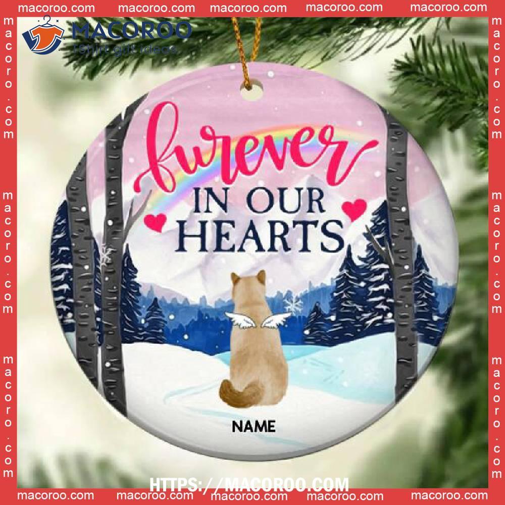 Forever In Our Hearts, Winter Forest Circle Ceramic Ornament, Personalized Cat Breeds, Memorial Ornament, Kitty Ornaments