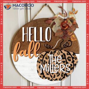 Front Door Decor, Hello Fall Sign, Family Name Sign,hello Hanger, Leopard Pumpkin Print, Autumn Decor