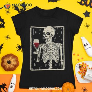 funny skeleton drinking wine halloween skull shirt skeleton head tshirt 1