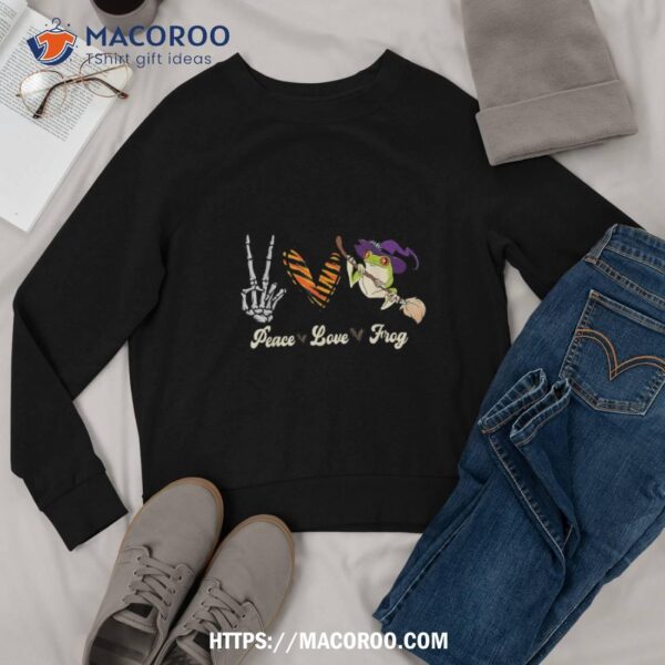 Funny Skeleton Hand with Witch Hat and Peace Love Frog T-Shirt