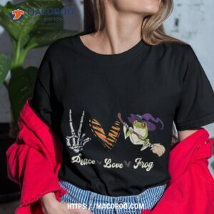 Funny Skeleton Hand with Witch Hat and Peace Love Frog T-Shirt
