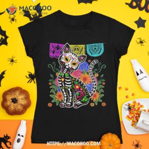 Funny Sugar Skull Calavera Cat Dia De Muertos Halloween Day Shirt, Skeleton Head