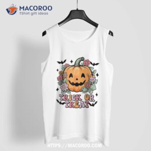 funny trick or treat pumpkin flower halloween spooky season shirt sugar skull pumpkin tank top