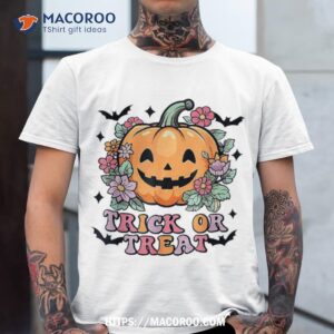 funny trick or treat pumpkin flower halloween spooky season shirt sugar skull pumpkin tshirt