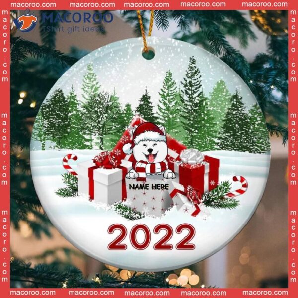 Gift Boxes And Green Pine Forest With Snow, Personalized Dog Lovers Decorative Christmas Ornament,merry 2022