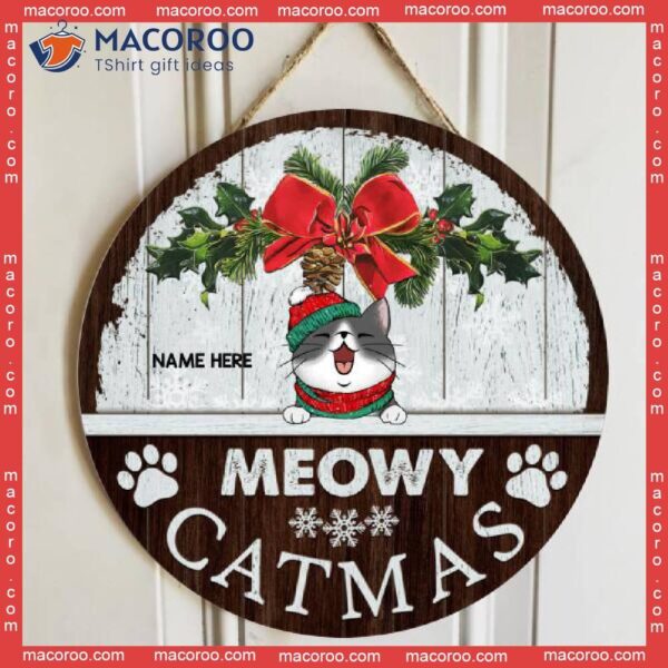 Gift For Cat Lovers, Vintage White & Brown , Mom Gifts, Meowy Catmas Funny Signs,christmas Welcome Door Sign
