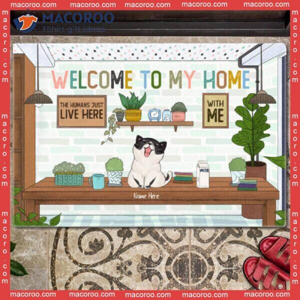 Gifts For Cat Lovers,﻿ Welcome To Our Home Personalized Doormat, Cats On Table Front Door Mat