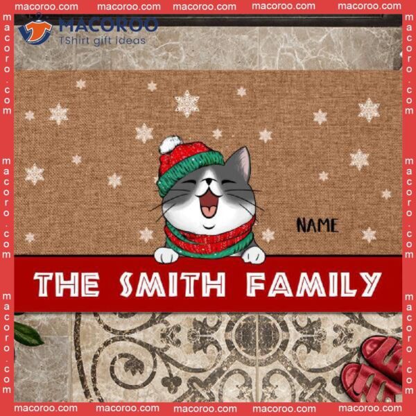 Gifts For Cat Lovers, Cats In Snow Family Name Front Door Mat,christmas Personalized Doormat