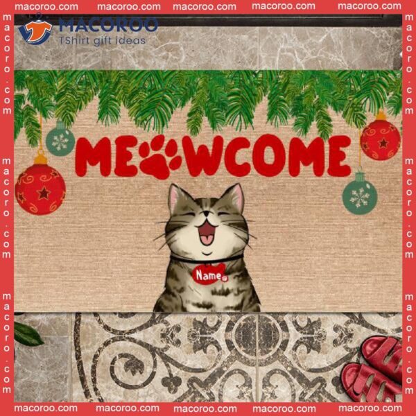 Gifts For Cat Lovers,christmas Personalized Doormat, Meowcome Xmas Leaves Front Door Mat