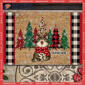 Gifts For Cat Lovers,christmas Personalized Doormat, With Pine Trees Plaid On Either Side Outdoor Door Mat