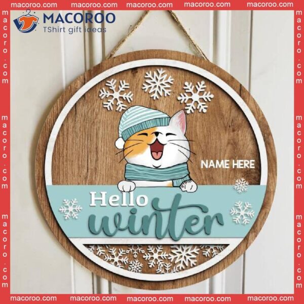 Gifts For Cat Lovers, Hello Winter Brown & Mint Background Welcome Door Signs ,christmas Decorations, Mom