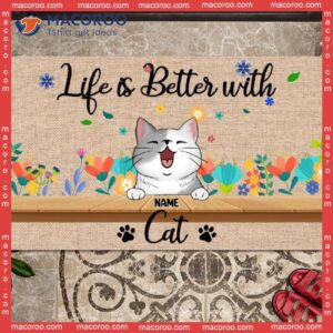 Gifts For Cat Lovers, Life Is Better With Cats Flower Front Door Mat, Custom Doormat