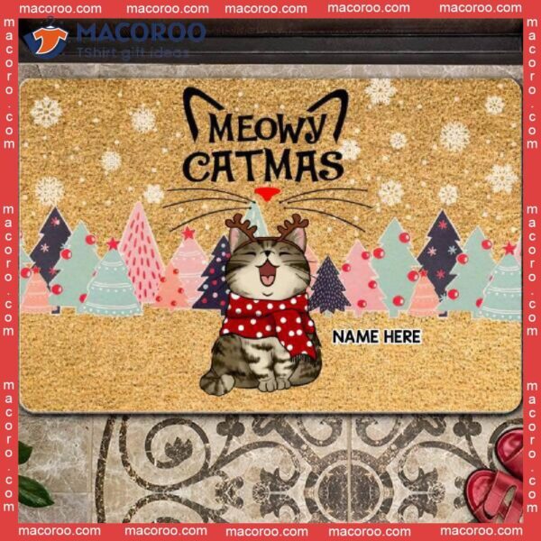 Gifts For Cat Lovers, Meowy Catmas Cats With Pine Trees Personalized Doormat,christmas Front Door Mat