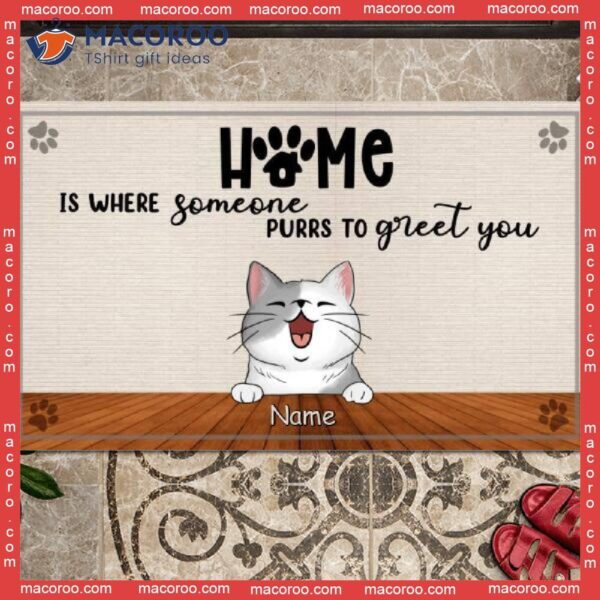 Gifts For Cat Lovers, Personalized Doormat, Home Is Where Someone Purrs To Greet You Front Door Mat