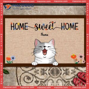 Gifts For Cat Lovers, Personalized Doormat, Home Sweet Cats And Flower Front Door Mat