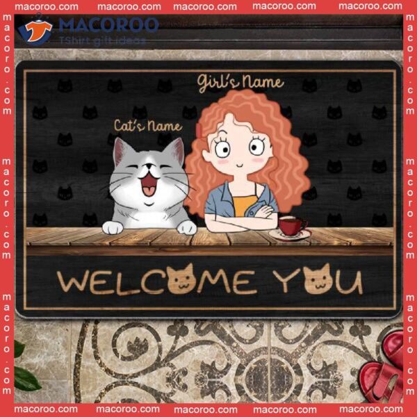 Gifts For Cat Lovers, Personalized Doormat, Welcome You Girl & Her Cats Black Front Door Mat