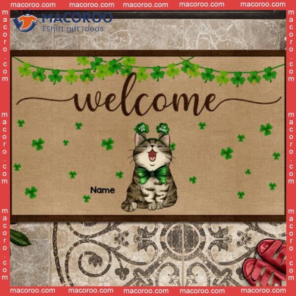 Gifts For Cat Lovers, Welcome Shamrocks Decor Outdoor Door Mat,st. Patrick’s Day Personalized Doormat