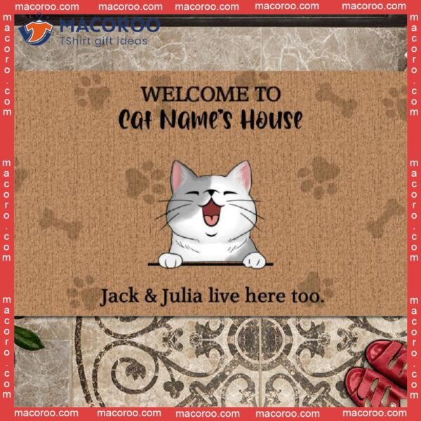 Gifts For Cat Lovers, Welcome To My Cats’ House We Live Here Too Front Door Mat, Custom Doormat