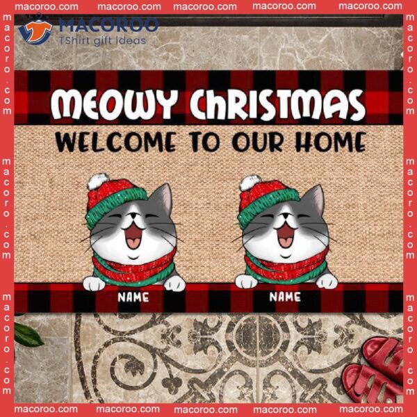 Gifts For Cat Lovers, Welcome To Our Home Personalized Doormat, Meowy Christmas Front Door Mat