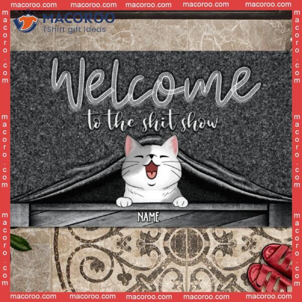 Gifts For Cat Lovers, Welcome To The Shitshow Personalized Doormat, Peeking From Curtain Front Door Mat